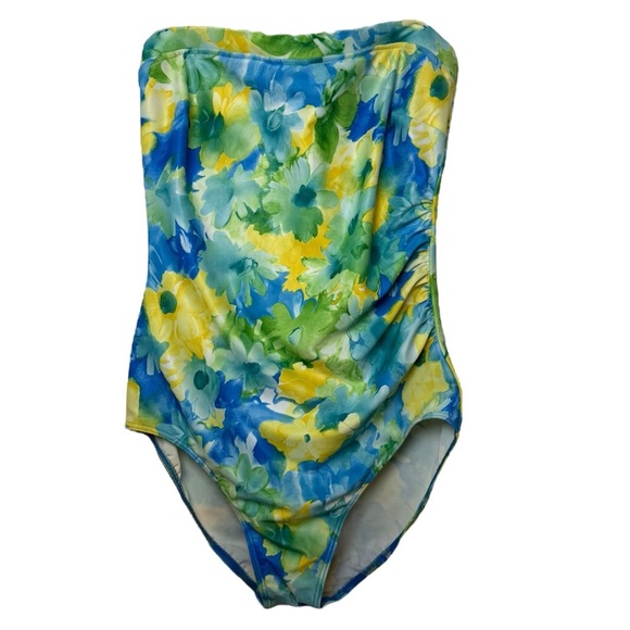 Vtg Floral Strapless One Piece Swim Suit Size 14 L Blue Green Christina 80s 90s - Picture 2 of 8